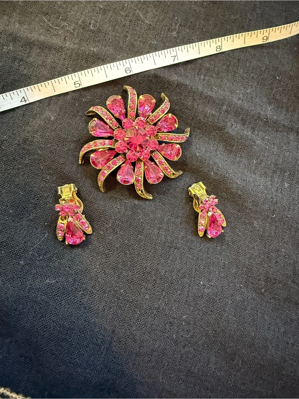 Vintage Pink Crystal Flower Brooch and Clip-On Earrings Set